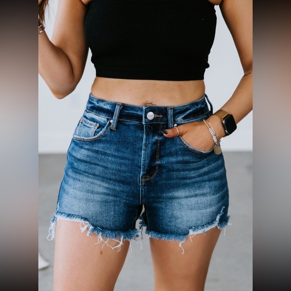 Risen Pants - Risen High Rise Shorts Dark Wash Womens Size 1XL Distressed